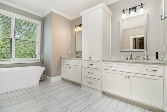2638 Clairmont Rd, Atlanta, GA 30329 - full bath with double vanity, a freestanding bath, and ornamental molding