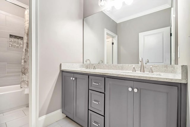 2638 Clairmont Rd, Atlanta, GA 30329 - bathroom featuring double vanity, crown molding, tile patterned flooring, and shower / tub combo with curtain