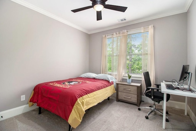 2638 Clairmont Rd, Atlanta, GA 30329 - bedroom featuring light carpet, crown molding, an office area, and a ceiling fan