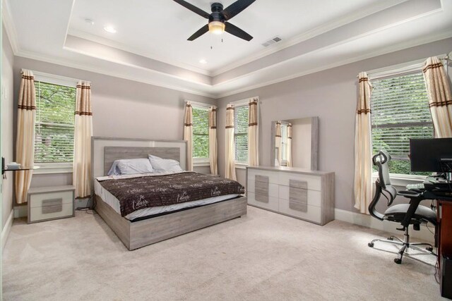 2638 Clairmont Rd, Atlanta, GA 30329 - carpeted bedroom featuring an office area, a tray ceiling, ornamental molding, and a ceiling fan