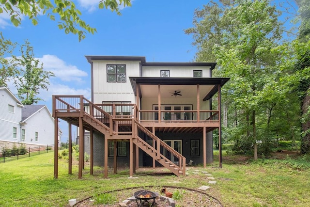 2638 Clairmont Rd, Atlanta, GA 30329 - rear view of property with a fire pit, a deck, a ceiling fan, and stairway