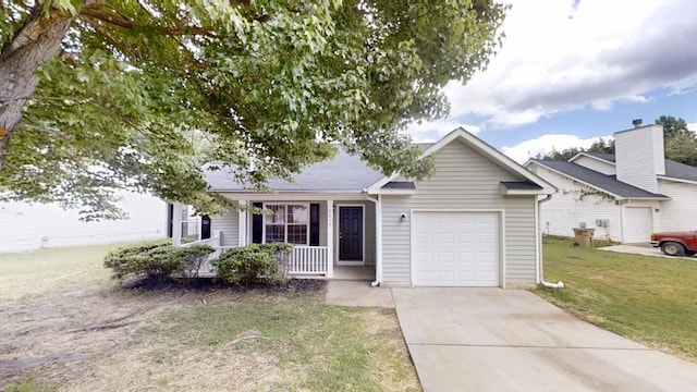 view of front facade featuring a porch, a garage, a front lawn, and concrete driveway