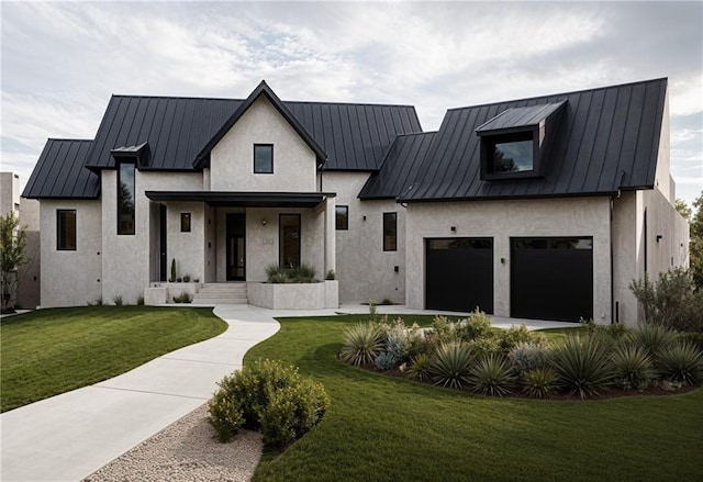 modern farmhouse style home with a garage and a front lawn