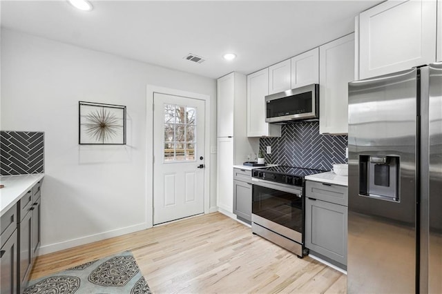 kitchen with gray cabinets, appliances with stainless steel finishes, white cabinets, and decorative backsplash