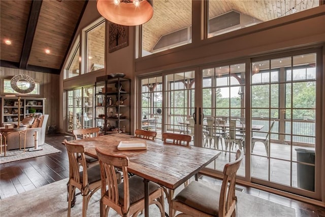 dining space featuring beam ceiling, high vaulted ceiling, and wooden ceiling