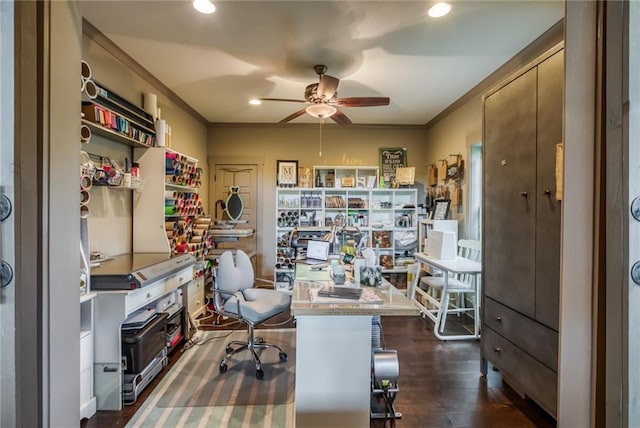 office space featuring ceiling fan and dark wood-type flooring