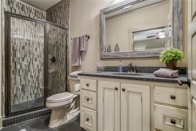 bathroom featuring walk in shower, tile flooring, ceiling fan, toilet, and vanity