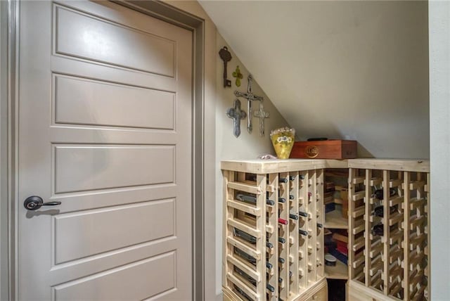 wine room featuring lofted ceiling