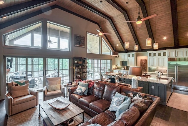 living room featuring high vaulted ceiling, beam ceiling, ceiling fan, wood ceiling, and dark hardwood / wood-style floors