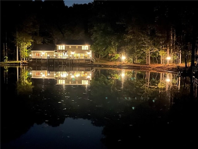 exterior space with a water view