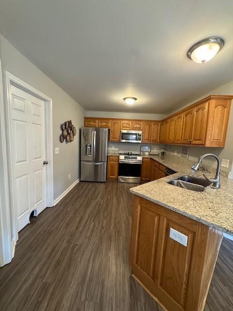 kitchen with sink, appliances with stainless steel finishes, dark hardwood / wood-style floors, light stone counters, and kitchen peninsula