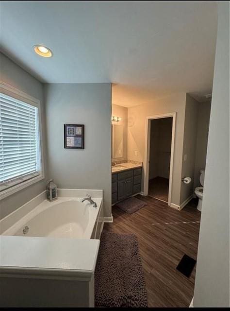 bathroom with vanity, toilet, wood-type flooring, and a washtub