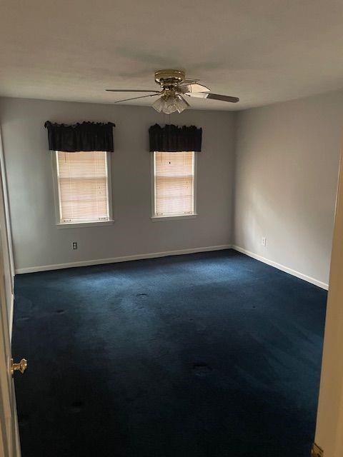 carpeted spare room with ceiling fan