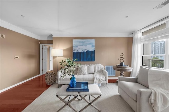 3334 Peachtree Rd NE Unit 608, Atlanta, GA 30326 - living room featuring ornamental molding, wood finished floors, and baseboards