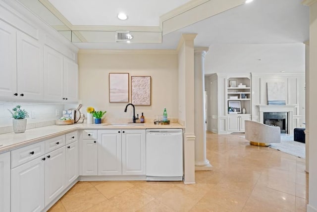 kitchen with tasteful backsplash, white cabinetry, and white appliances