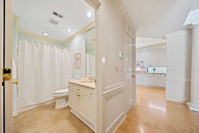 full bathroom with vanity, crown molding, toilet, and shower / bathtub combination with curtain