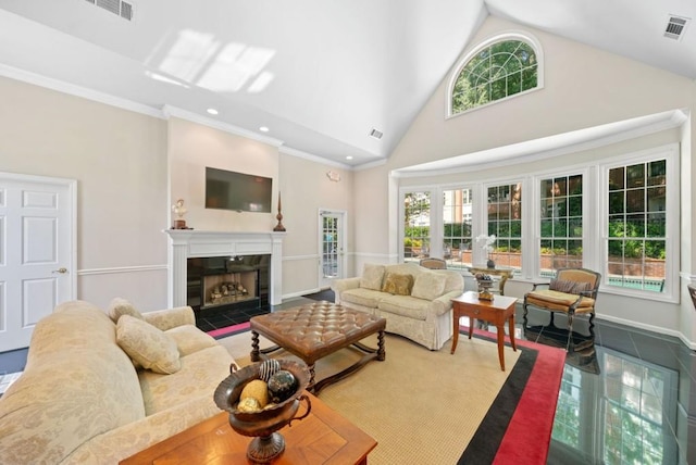 living room with hardwood / wood-style flooring, ornamental molding, and high vaulted ceiling