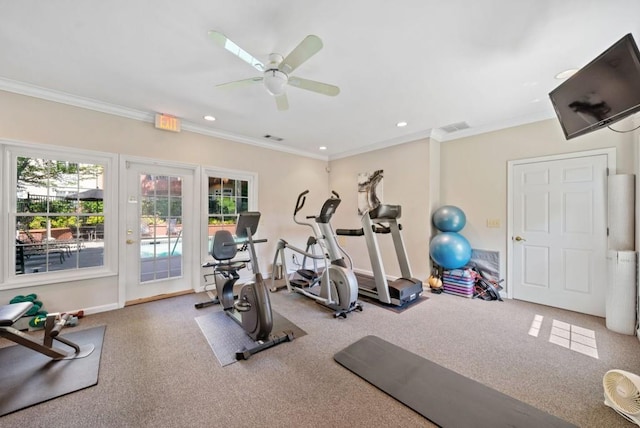 gym with ornamental molding and ceiling fan