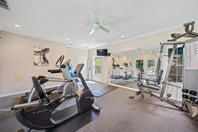 workout room featuring ceiling fan and ornamental molding