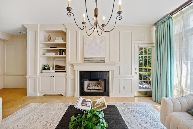 tiled living room featuring a notable chandelier and crown molding