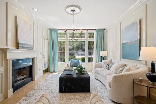 tiled living room with a chandelier