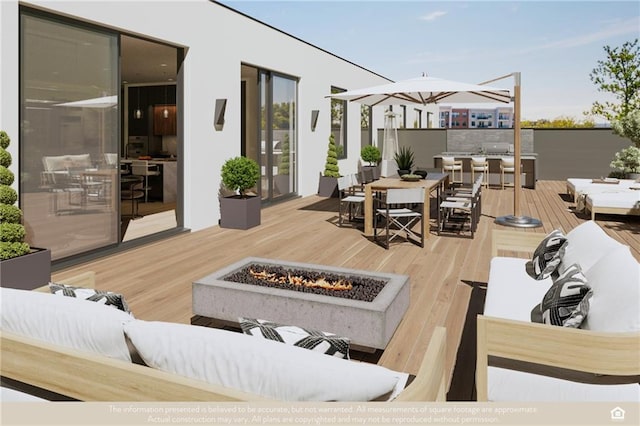 deck featuring an outdoor living space with a fire pit and outdoor dining area