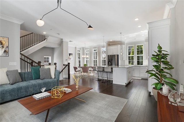 living room featuring dark hardwood / wood-style floors and crown molding