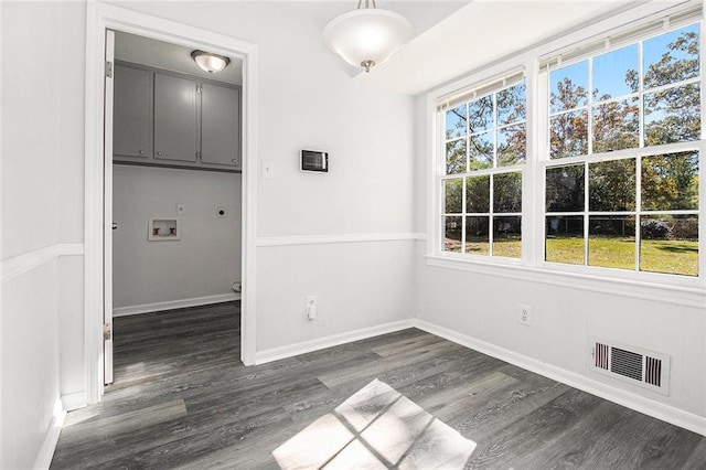 unfurnished dining area with dark hardwood / wood-style flooring