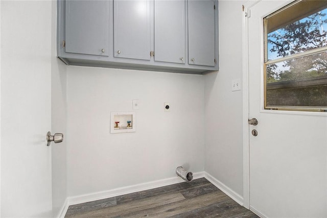 laundry room featuring hookup for an electric dryer, dark hardwood / wood-style flooring, cabinets, and washer hookup