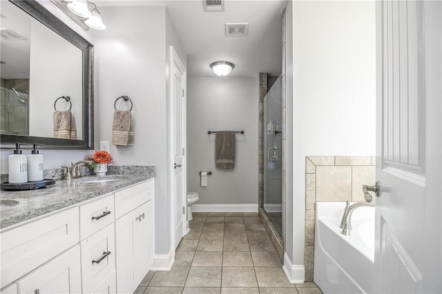 full bathroom featuring tile patterned floors, vanity, toilet, and plus walk in shower