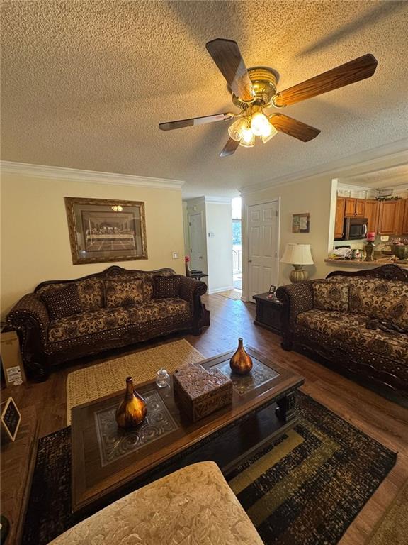 2246 Carrington Dr, Ellenwood, GA 30294 - living area featuring ceiling fan, ornamental molding, and a textured ceiling