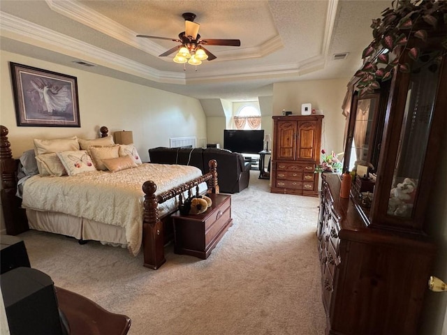 2246 Carrington Dr, Ellenwood, GA 30294 - bedroom with light colored carpet, crown molding, a tray ceiling, and visible vents