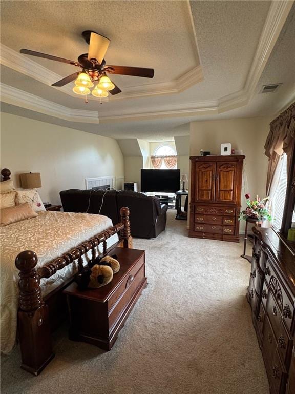 2246 Carrington Dr, Ellenwood, GA 30294 - bedroom with a raised ceiling, visible vents, light carpet, ornamental molding, and a textured ceiling