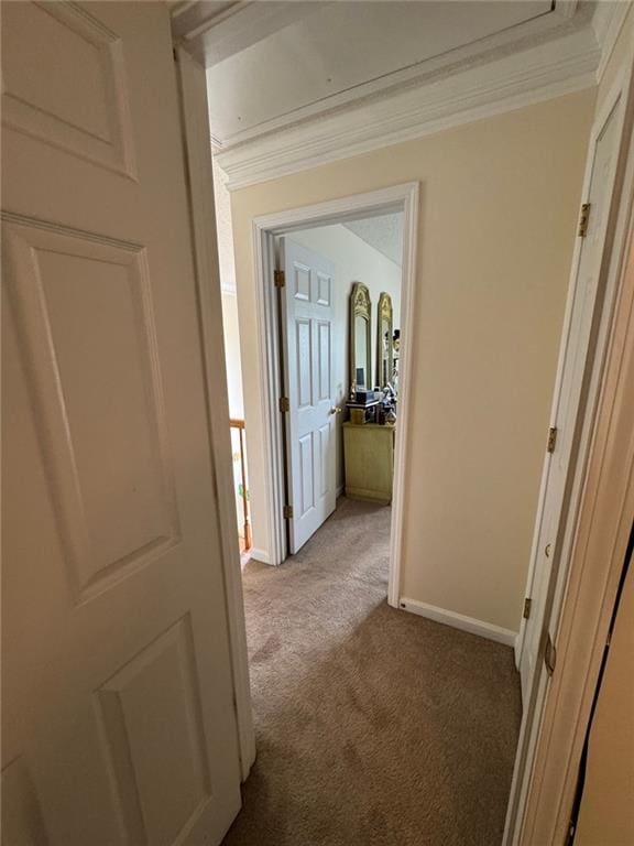 2246 Carrington Dr, Ellenwood, GA 30294 - hall featuring baseboards, light colored carpet, and ornamental molding