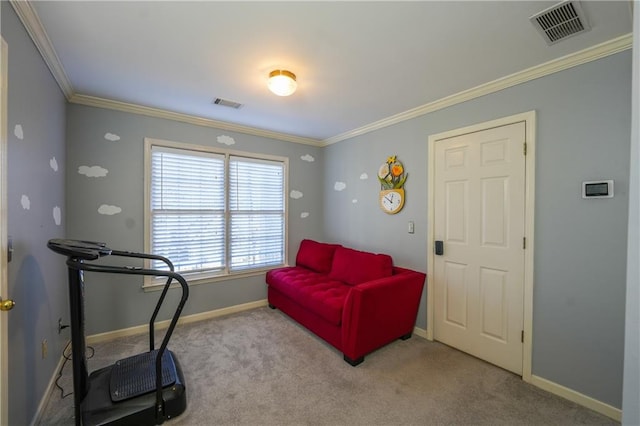 living area featuring light carpet and ornamental molding