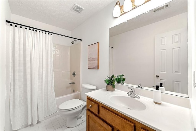 8770 Amberfield Dr, Gainesville, GA 30506 - full bathroom with vanity, toilet, shower / bath combo with shower curtain, tile patterned floors, and a textured ceiling