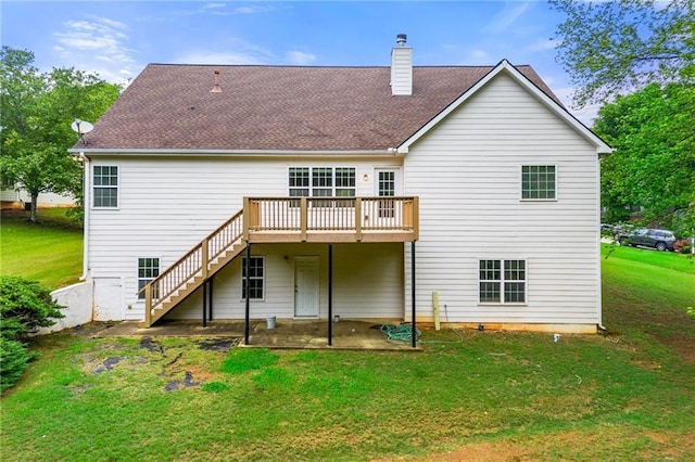 8770 Amberfield Dr, Gainesville, GA 30506 - rear view of house featuring a wooden deck, a yard, stairway, and a chimney