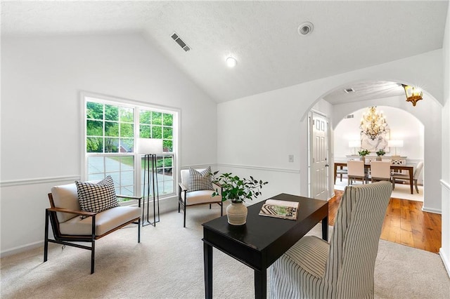 8770 Amberfield Dr, Gainesville, GA 30506 - carpeted home office with arched walkways, vaulted ceiling, and recessed lighting