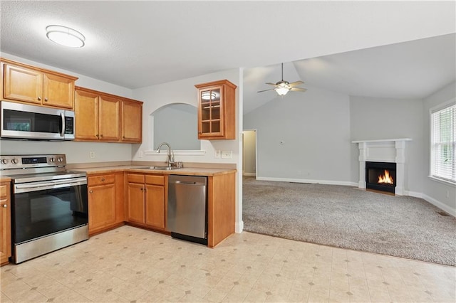 199 Rocky Shoals Trl, Mount Airy, GA 30563 - kitchen featuring stainless steel appliances, a sink, light countertops, open floor plan, and a fireplace with flush hearth