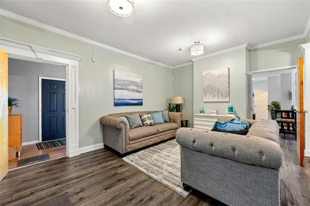 living room with ornamental molding and dark hardwood / wood-style flooring