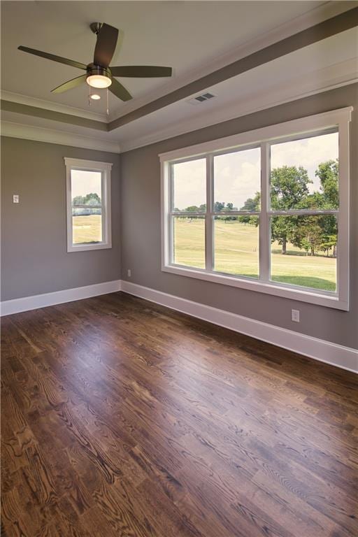 spare room with ceiling fan, dark wood-type flooring, and plenty of natural light