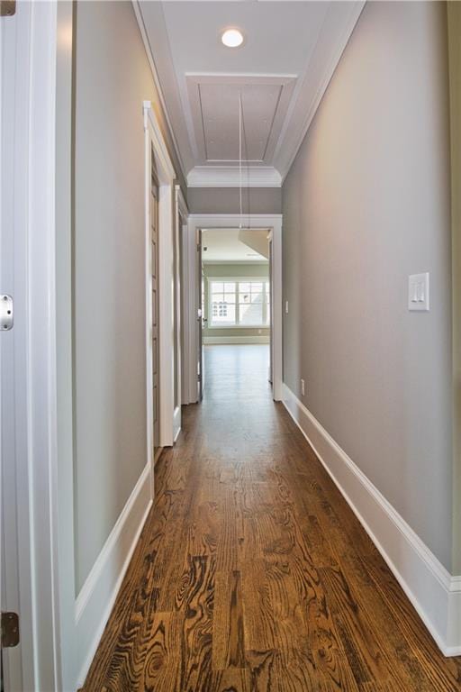 corridor with hardwood / wood-style flooring and ornamental molding