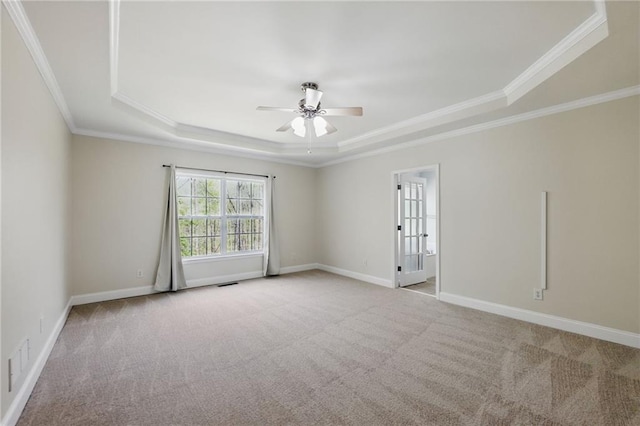 336 Toto Dr, Dawsonville, GA 30534 - carpeted spare room featuring visible vents, a raised ceiling, ceiling fan, baseboards, and ornamental molding