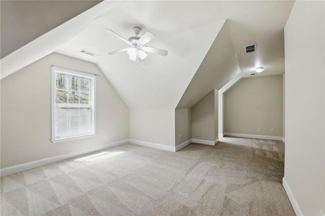 336 Toto Dr, Dawsonville, GA 30534 - additional living space featuring visible vents, ceiling fan, lofted ceiling, and carpet