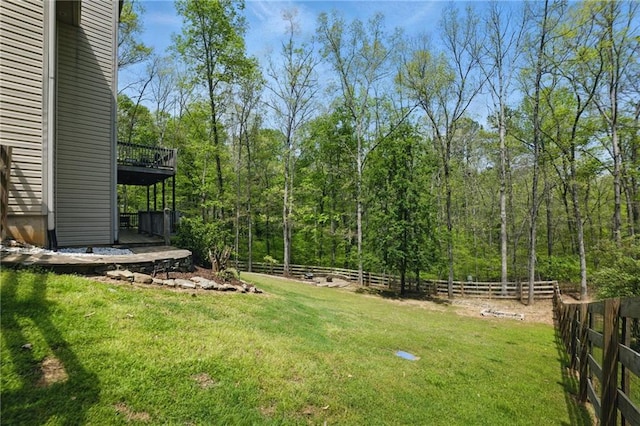 336 Toto Dr, Dawsonville, GA 30534 - view of yard with a wooded view, a wooden deck, and fence