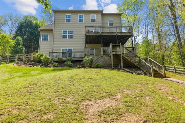 336 Toto Dr, Dawsonville, GA 30534 - back of house featuring stairs, a yard, a wooden deck, and fence