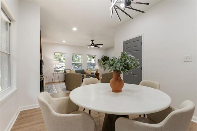 dining area with ceiling fan with notable chandelier and light hardwood / wood-style flooring