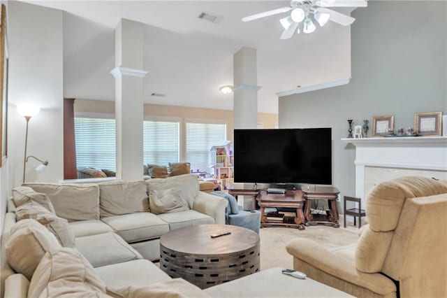 2606 Fairmont Park Ct, Dacula, GA 30019 - living room with a ceiling fan, visible vents, and decorative columns