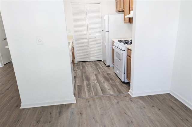 kitchen with white range with gas stovetop, ventilation hood, and light hardwood / wood-style floors