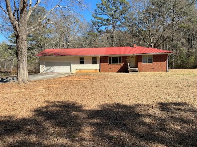 ranch-style house with entry steps, concrete driveway, crawl space, an attached garage, and brick siding